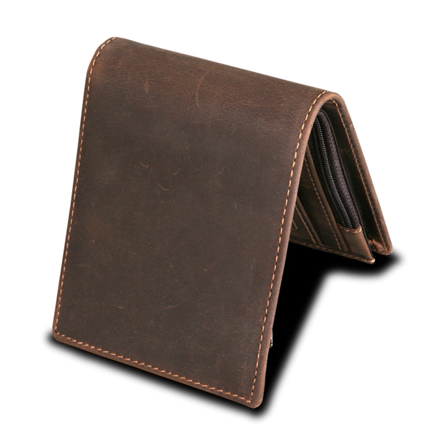 Men's RFID Blocking Crazy-Horse Leather Wallet in Brown – Back Standing View Showing Zip Coin Pocket | Avenue