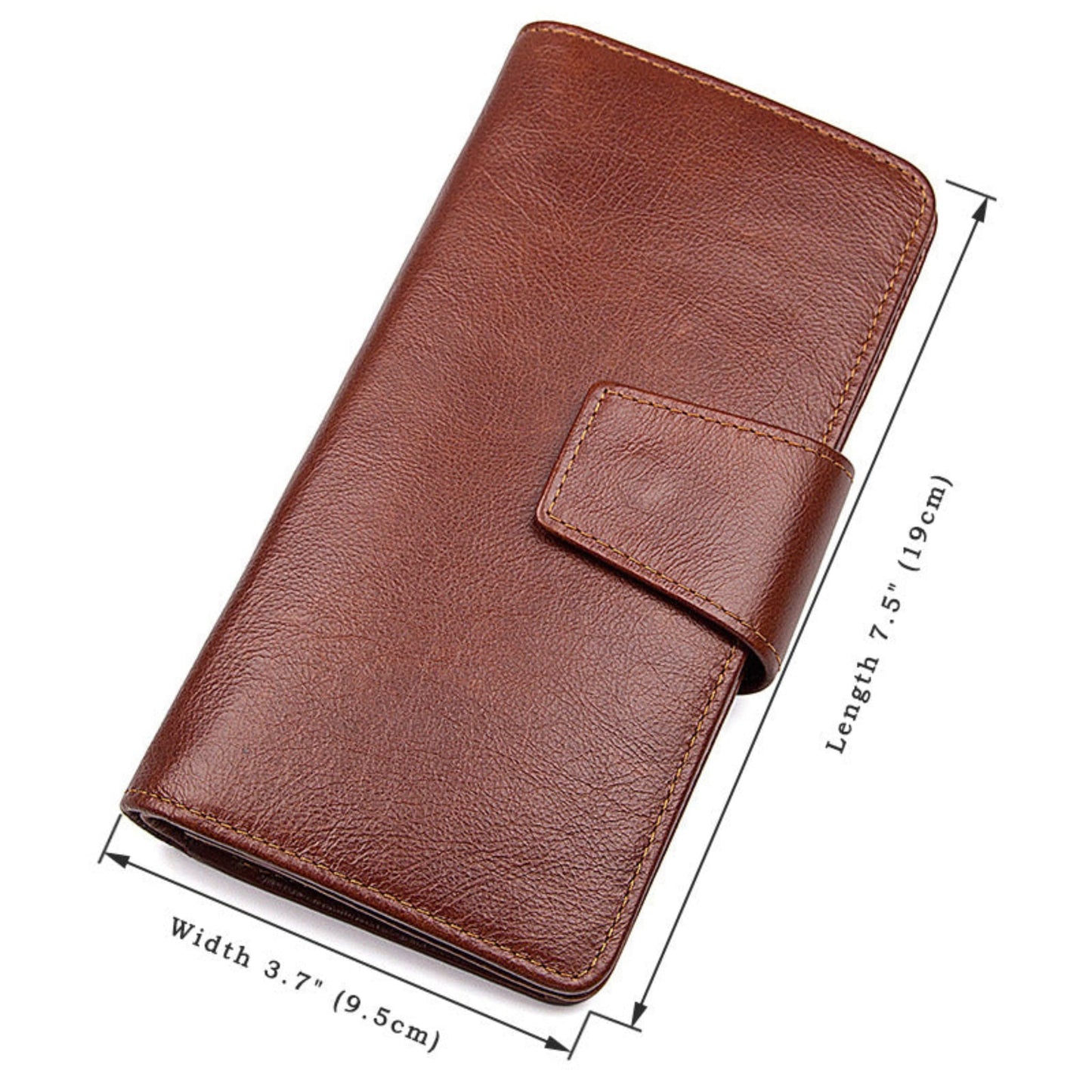 Men's premium RFID protected Maroon long leather wallet front view showing dimensions | Avenue