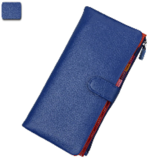 Women's RFID blocking genuine cowhide long leather wallet in blue with zipper and buckle closure front view | Avenue