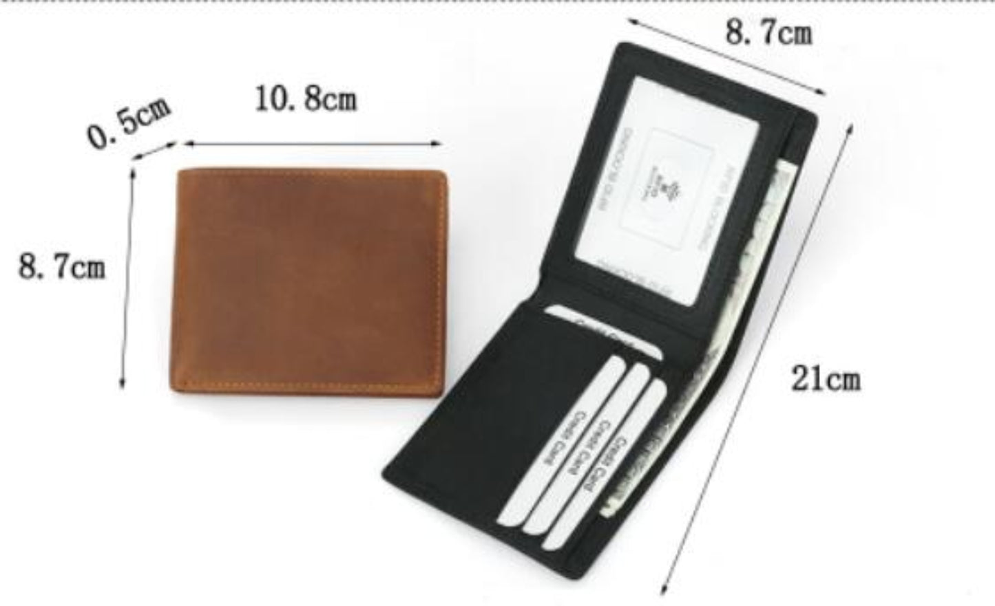 Men's premium crazy horse brown and black leather wallets showing dimensions and compact organization | Avenue