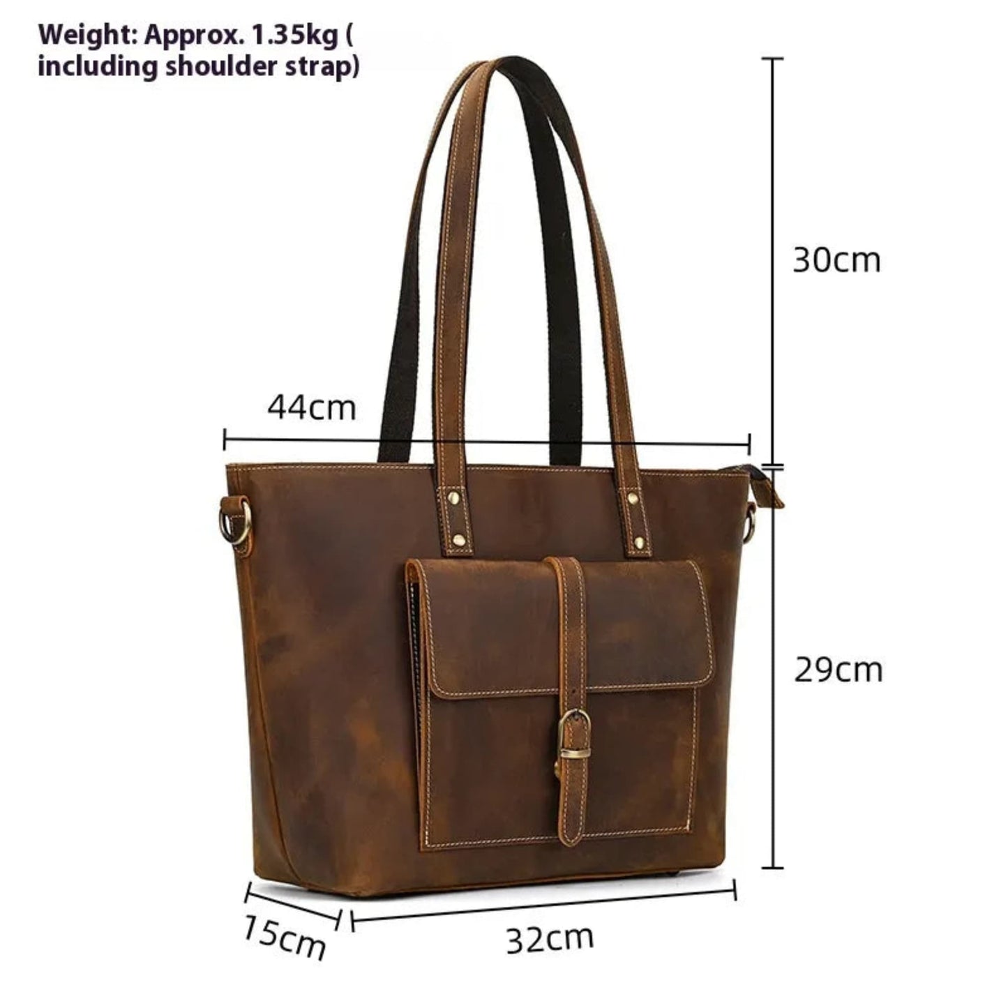 Avenue Crazy Horse genuine Leather Tote Bag 1096 Brown – dimensions view, 44×29×15cm, 30cm handle drop