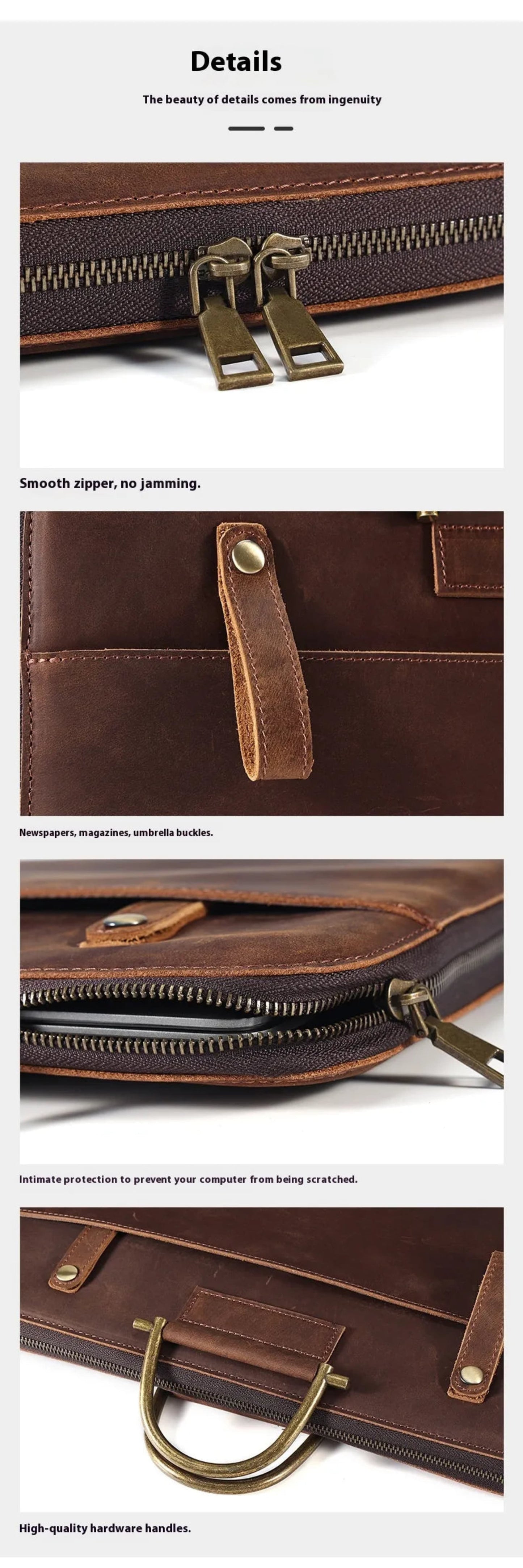 Avenue Crazy Horse Genuine Leather Briefcase for Men – Detail shots in 2121 Brown highlighting smooth anti-jam brass zipper, front leather strap for newspapers and umbrella, scratch-resistant laptop compartment zipper, and high-quality antique brass top handle hardware