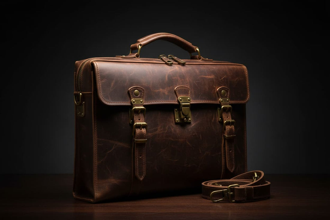Premium crazy horse leather briefcase by Avenue — wax-treated full-grain leather with vintage distressed finish