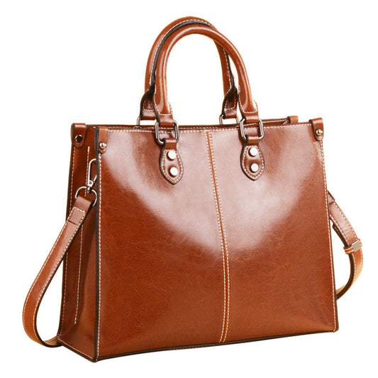 Women's Genuine Cowhide Leather Crossbody Handbag in Brown with Top Handle, Shoulder Strap and Silver Hardware – Avenue