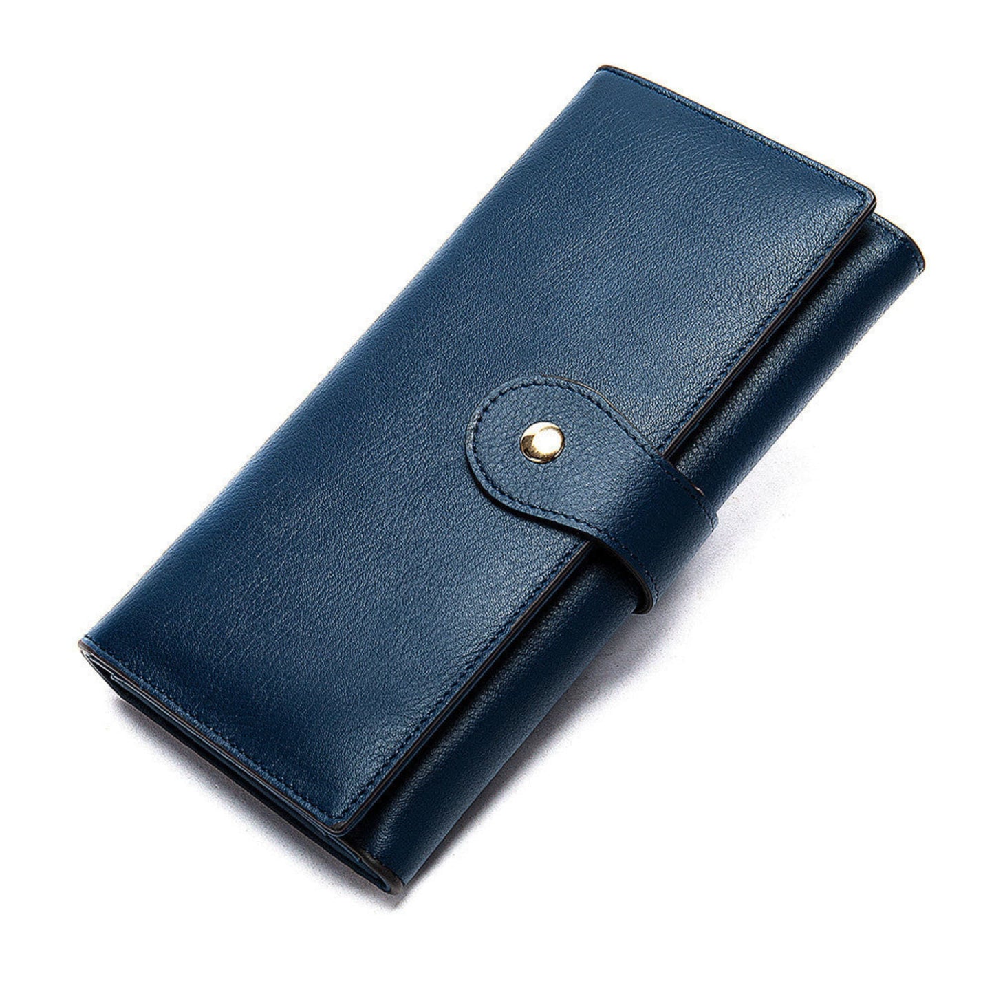 RFID Protected Women's Leather Wallet in Blue with Gold Snap Closure – Front View | Avenue