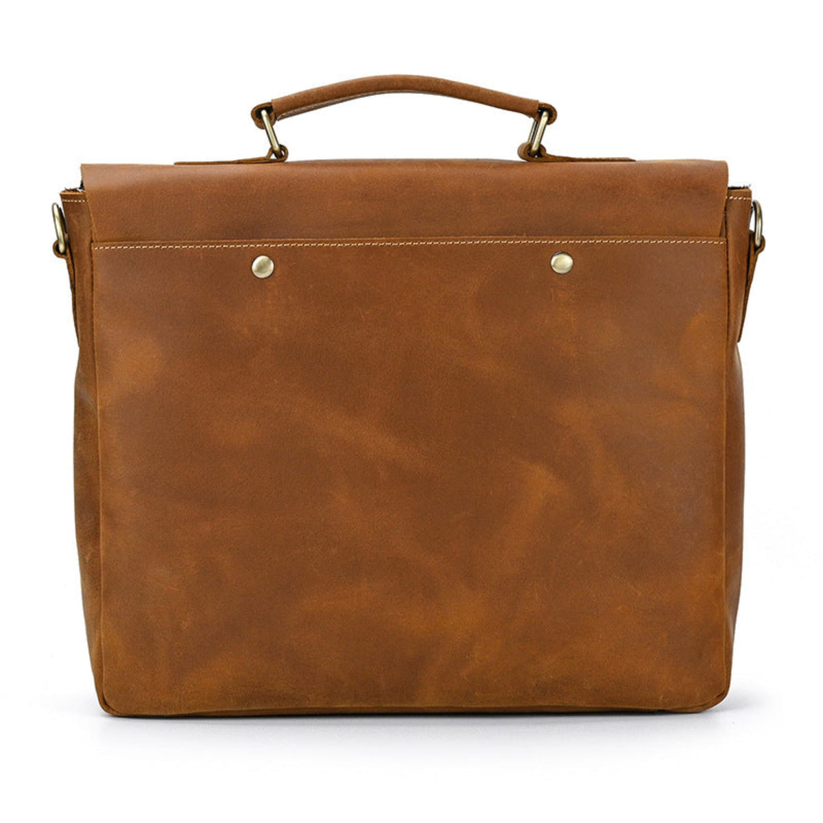Men's Crazy Horse Leather Crossbody Bag – Top Layer Cowhide Messenger Bag in Brown, back view on white background showing clean leather panel, brass stud detailing, top handle and brass strap attachment hooks | Avenue
