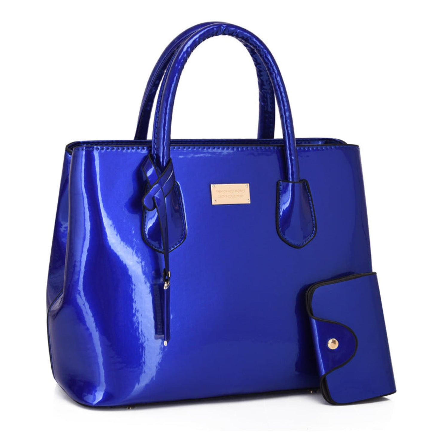 Women's glossy PU leather tote bag and pouch set in blue, gold hardware detail, white background | Avenue