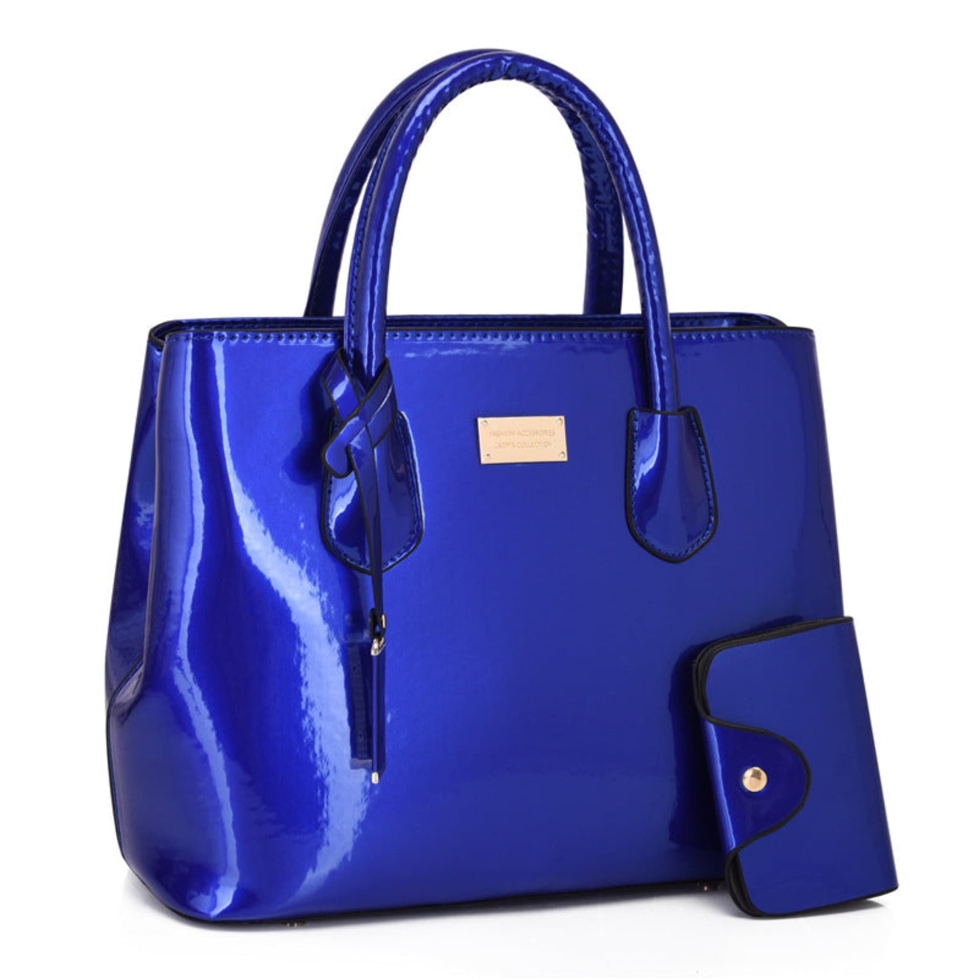 Women's glossy PU leather tote bag and pouch set in blue, gold hardware detail, white background | Avenue