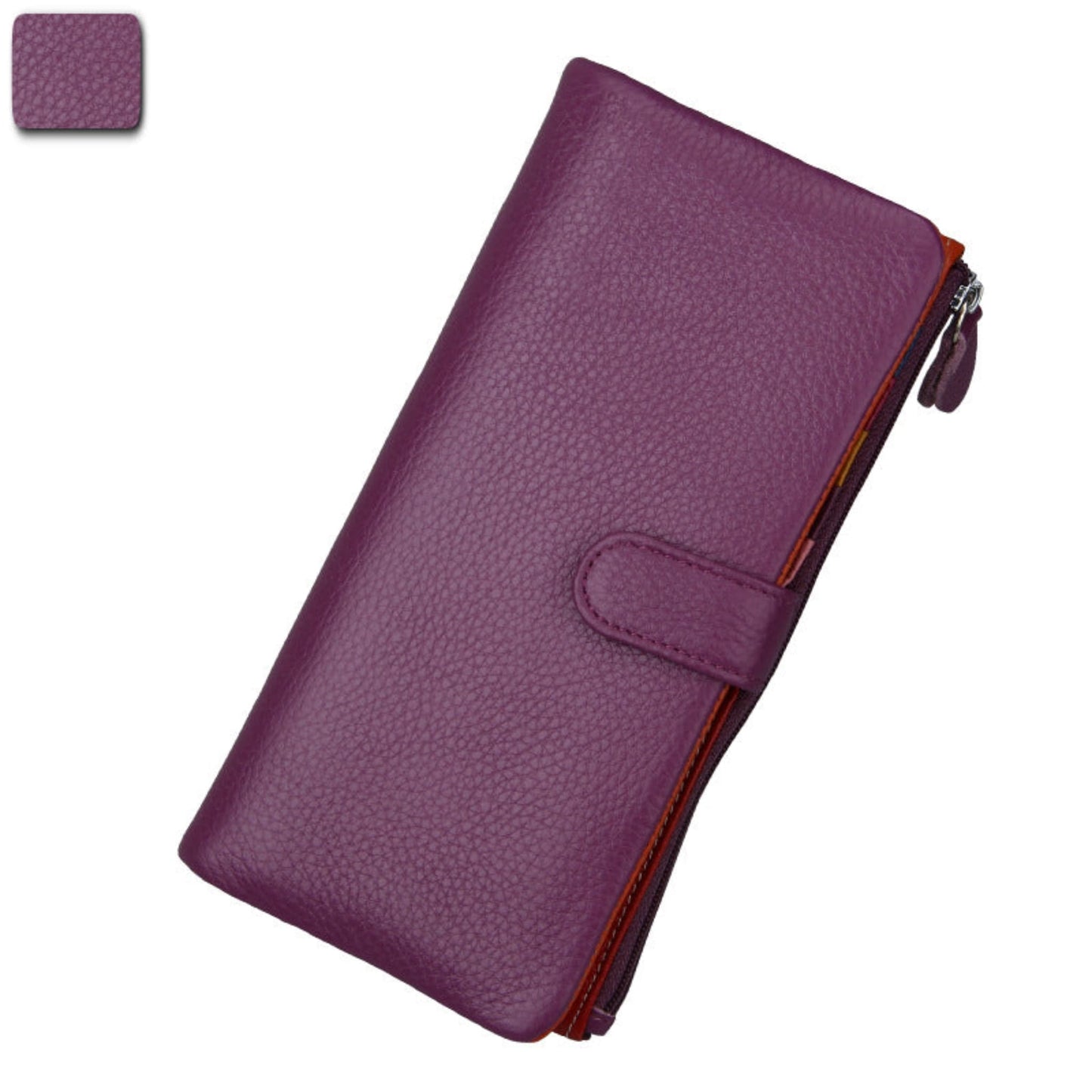 Women's RFID blocking genuine cowhide long leather wallet in purple with zipper and buckle closure front view | Avenue