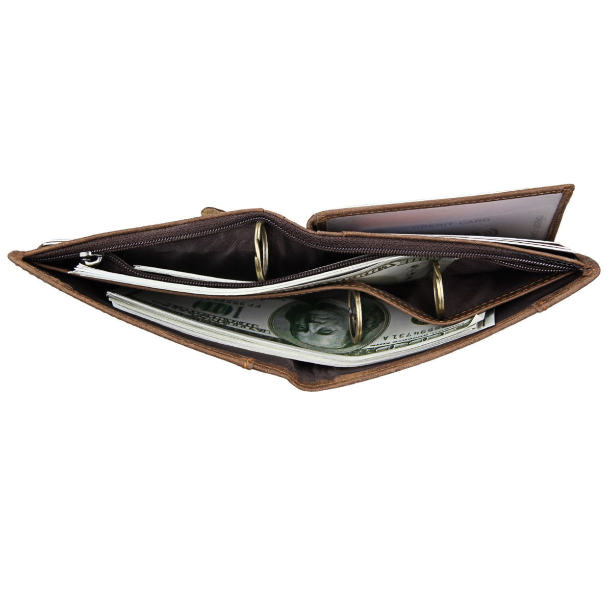 Top view of the Avenue brown RFID Crazy Horse Leather Short Wallet open with cash compartments and a zippered interior pocket on a white background.