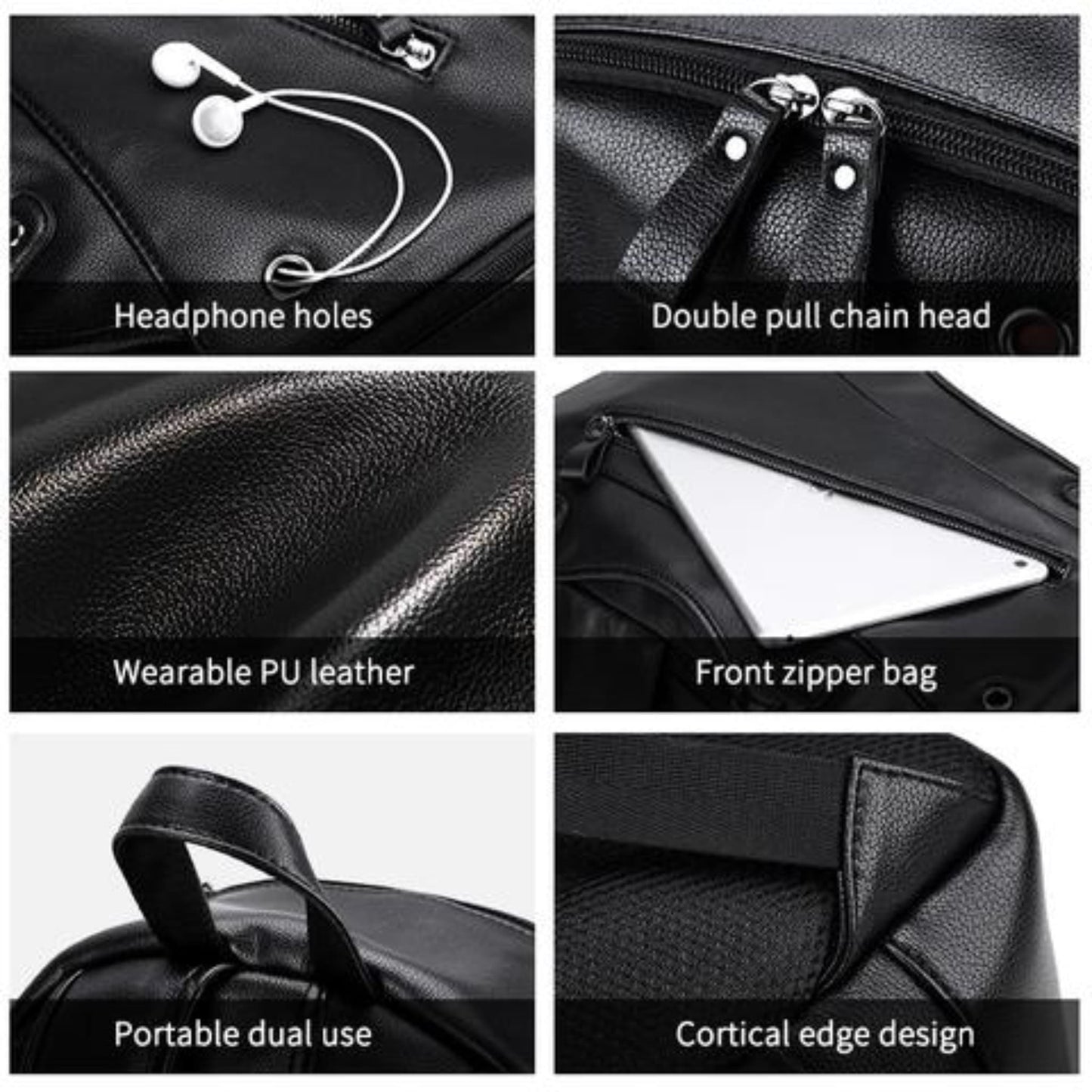  Men's leather backpack with USB charging port in black featuring collage of headphone holes, double pull chain, wearable leather, front zipper pocket, portable dual use, and cortical edge design | Avenue