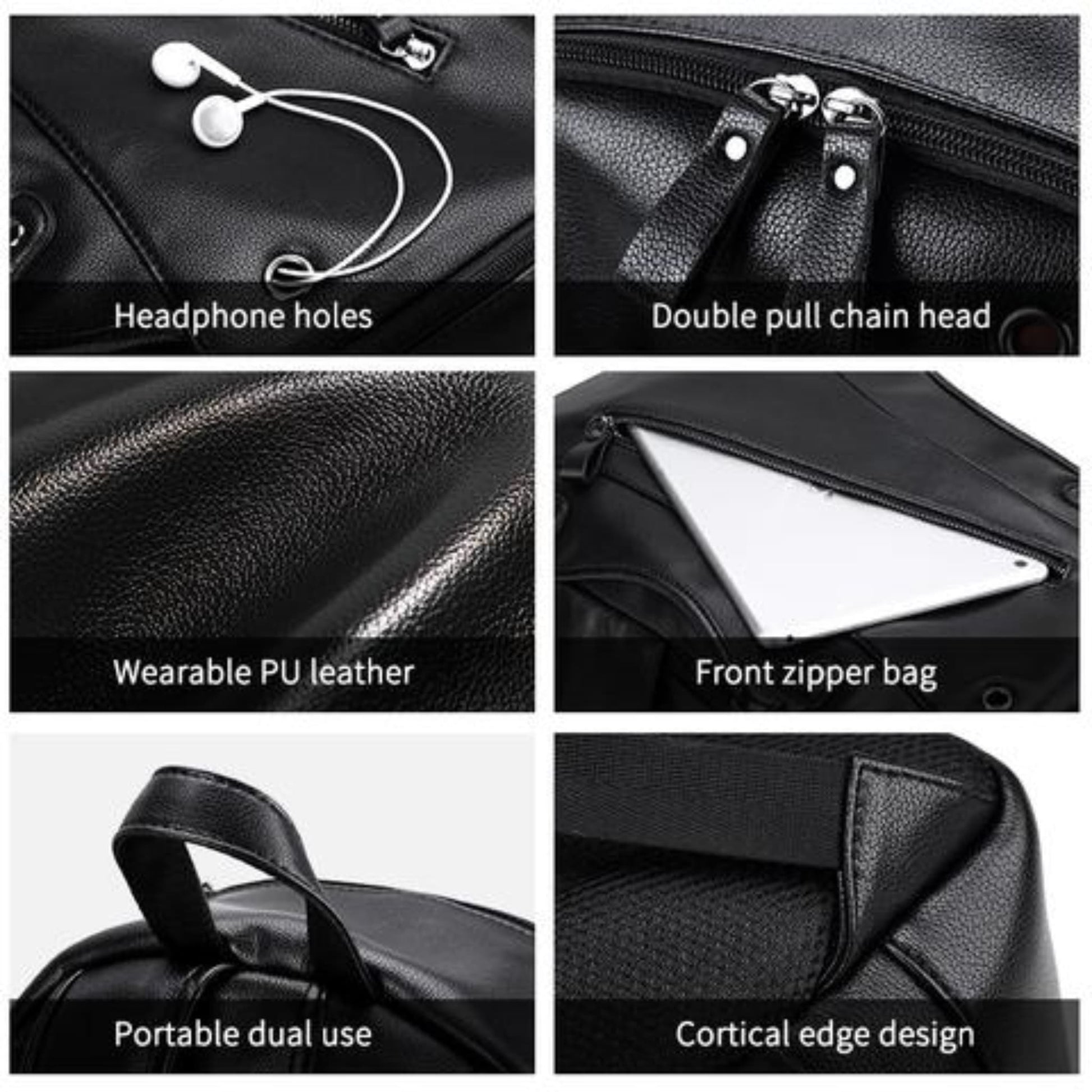  Men's leather backpack with USB charging port in black featuring collage of headphone holes, double pull chain, wearable leather, front zipper pocket, portable dual use, and cortical edge design | Avenue