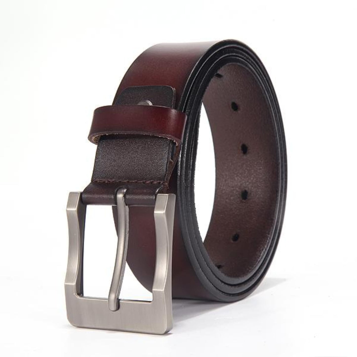 Men's leather belt with silver bent pin buckle in coffee on white background | Avenue
