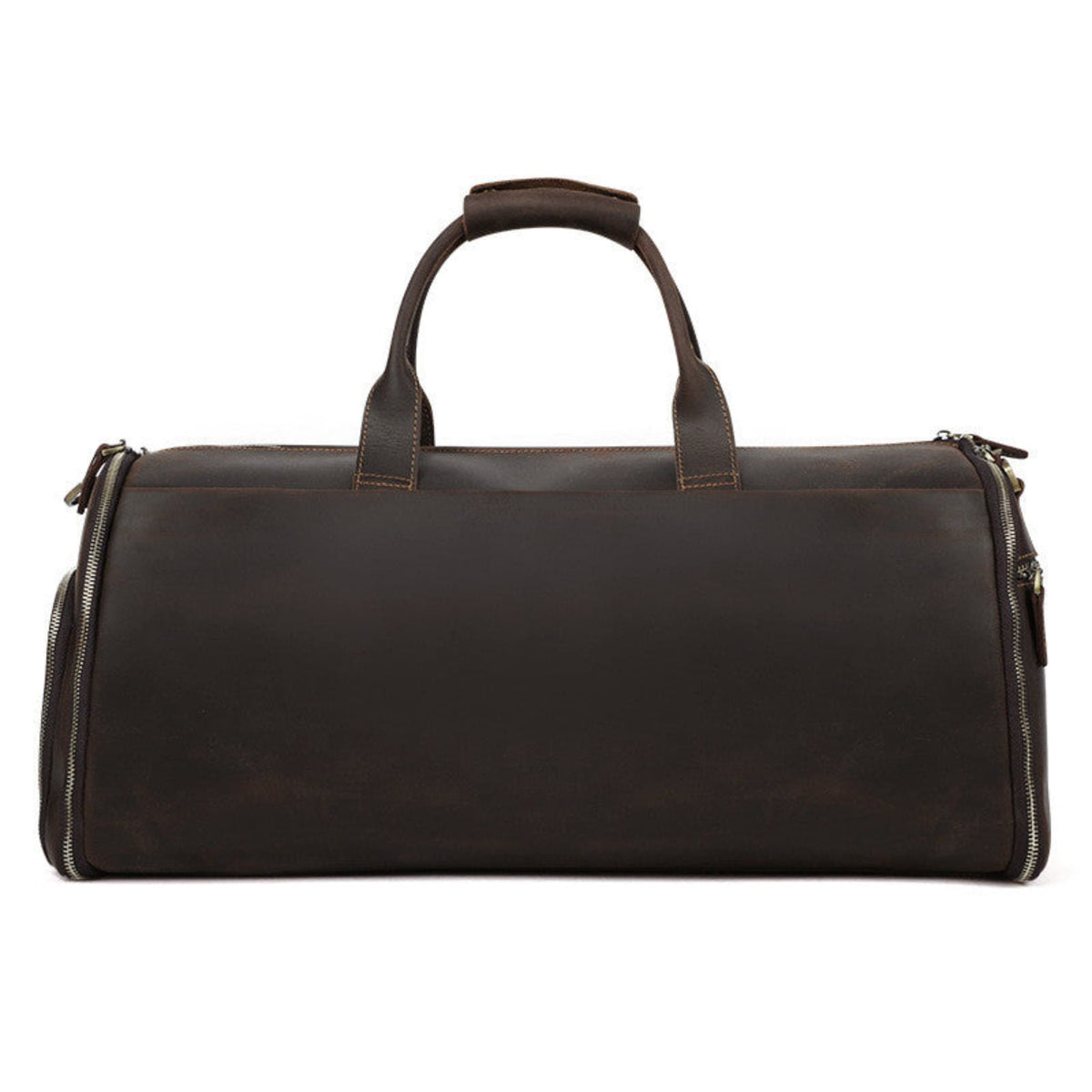 Men's Crazy Horse Leather Retro Duffle Bag – First Layer Cowhide Travel Bag in Coffee, front view on white background showing dual top handles, large main compartment, side zipper pockets and antique silver hardware | Avenue