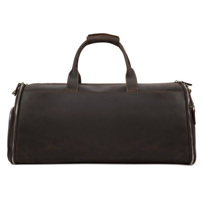 Men's Crazy Horse Leather Retro Duffle Bag – First Layer Cowhide Travel Bag in Coffee, front view on white background showing dual top handles, large main compartment, side zipper pockets and antique silver hardware | Avenue