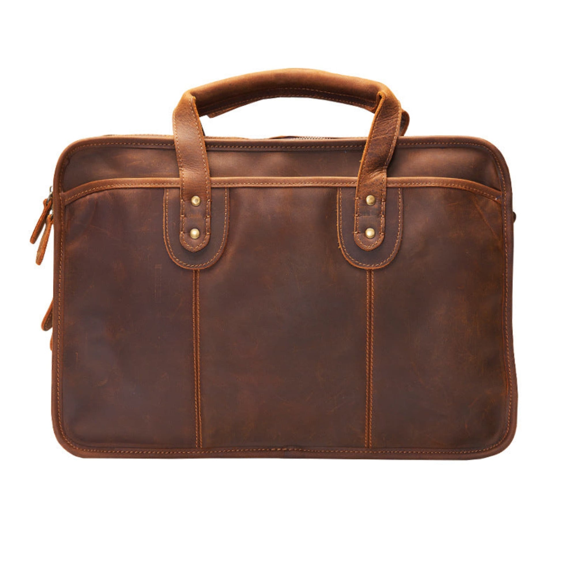 Avenue Men's Large Capacity Crazy Horse Leather Laptop Briefcase in dark brown — front view showing dual top handles, brass stud detailing, tan contrast stitching, main zipper opening visible on left edge, and structured horizontal silhouette