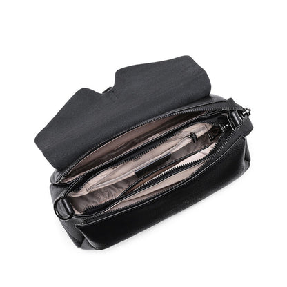 woMen's soft leather shoulder messenger bag in black on white background open detail view | Avenue