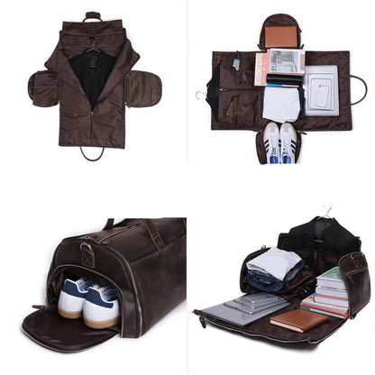 Men's Crazy Horse Leather Retro Duffle 
Bag – First Layer Cowhide Travel Bag in Coffee, 4-panel detail collage showing garment bag interior with blazer on hanger, flat-lay overhead view with shoes, laptop, books and accessories, dedicated shoe compartment with sneakers, and full open capacity view with clothing, laptop, books and wallet | Avenue