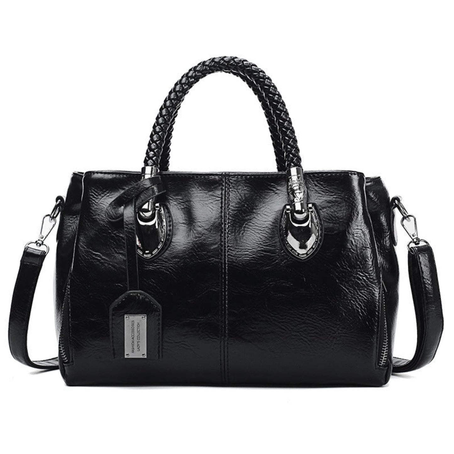 Women's vintage oil wax PU handbag in Black with braided handle on white background front view | Avenue