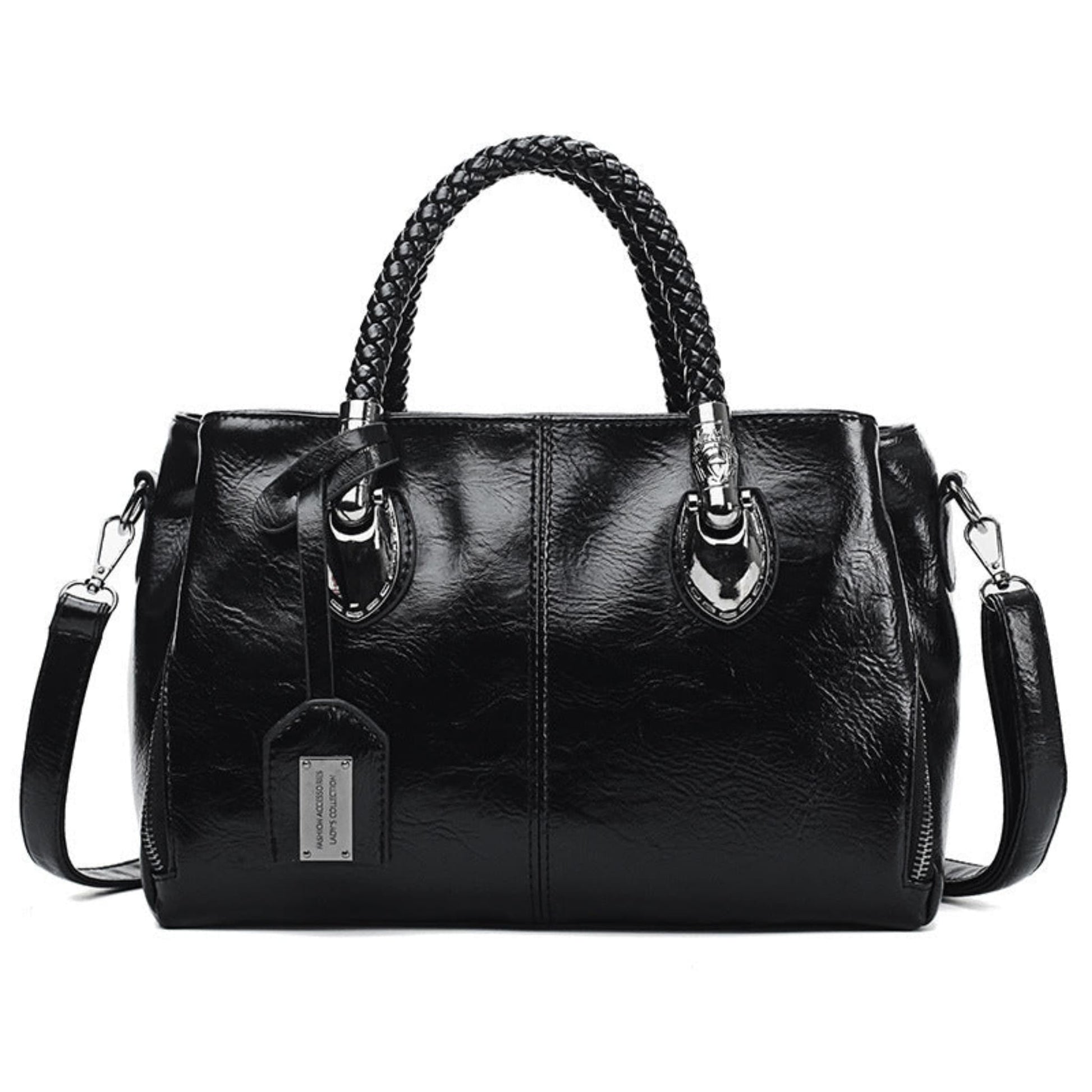 Women's vintage oil wax PU handbag in Black with braided handle on white background front view | Avenue