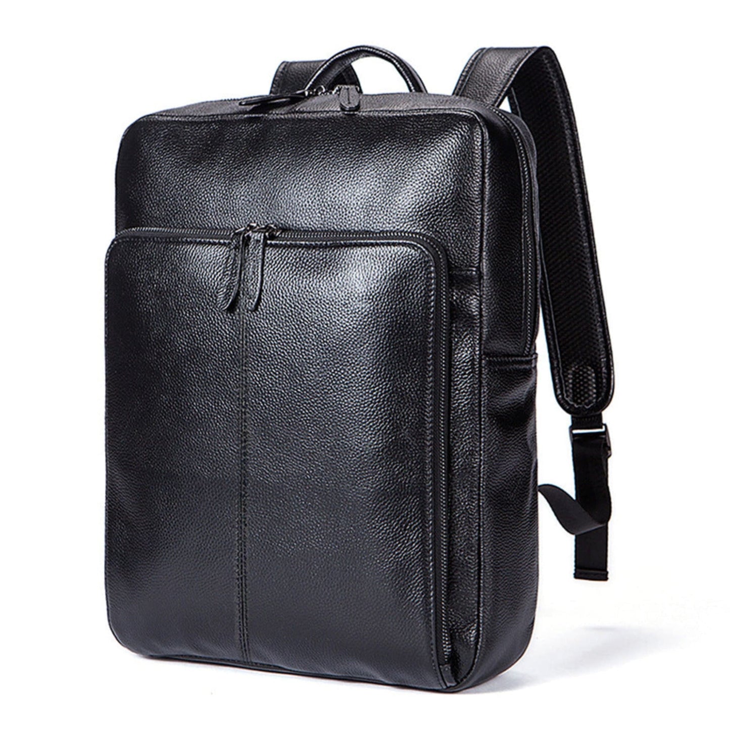 Unisex black casual multi-pocket leather laptop backpack ordinary style – front view on white background | Avenue