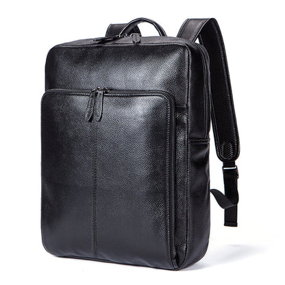 Unisex black casual multi-pocket leather laptop backpack ordinary style – front view on white background | Avenue