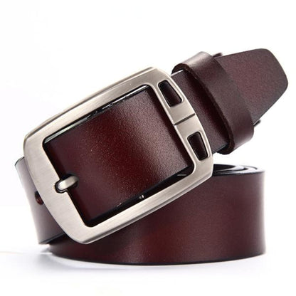 Men's leather belt with silver two-hole pin buckle in coffee on white background | Avenue
