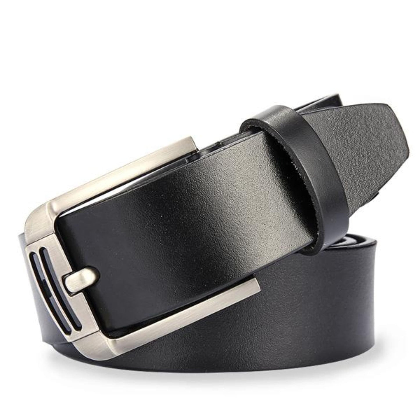 Men's leather belt with silver double hollow lines pin buckle in black on white background | Avenue