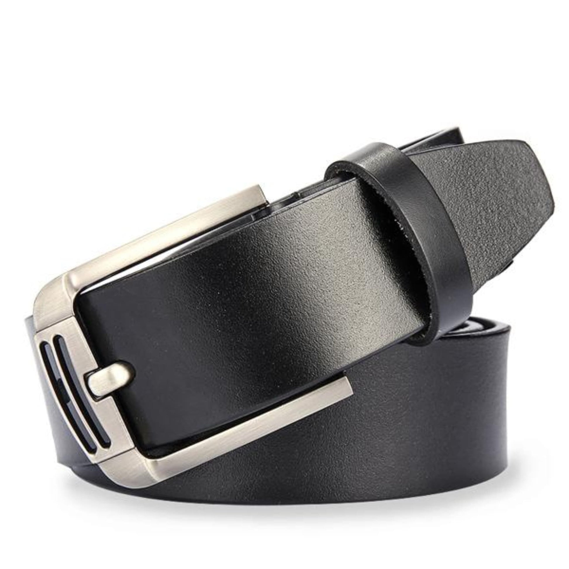 Men's leather belt with silver double hollow lines pin buckle in black on white background | Avenue