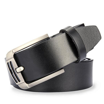 Men's leather belt with silver double hollow lines pin buckle in black on white background | Avenue