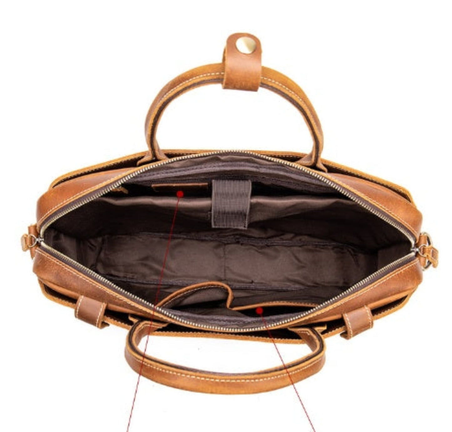 Avenue Crazy Horse Leather Men's Laptop Briefcase — coffee, top-down open interior view showing dark polyester lining, laptop sleeve, inner zipper pocket, and dual zipper compartments
