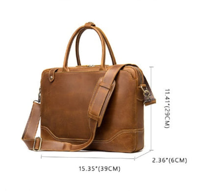 Avenue Crazy Horse Leather Men's Laptop Briefcase — coffee, angled view with dimensions 39cm x 29cm x 6cm, shoulder strap, brass hardware, contrast stitching, retro vintage style