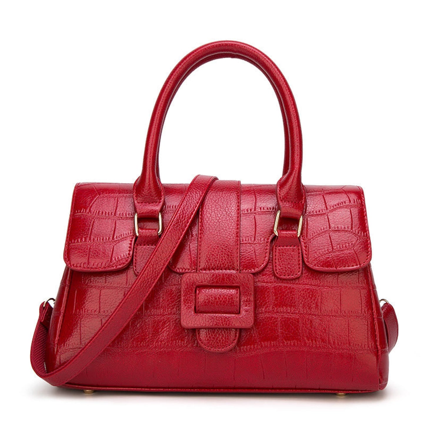 Women's Crocodile Pattern Leather Handbag in Red with Top Handles and Crossbody Strap – Front View | Avenue