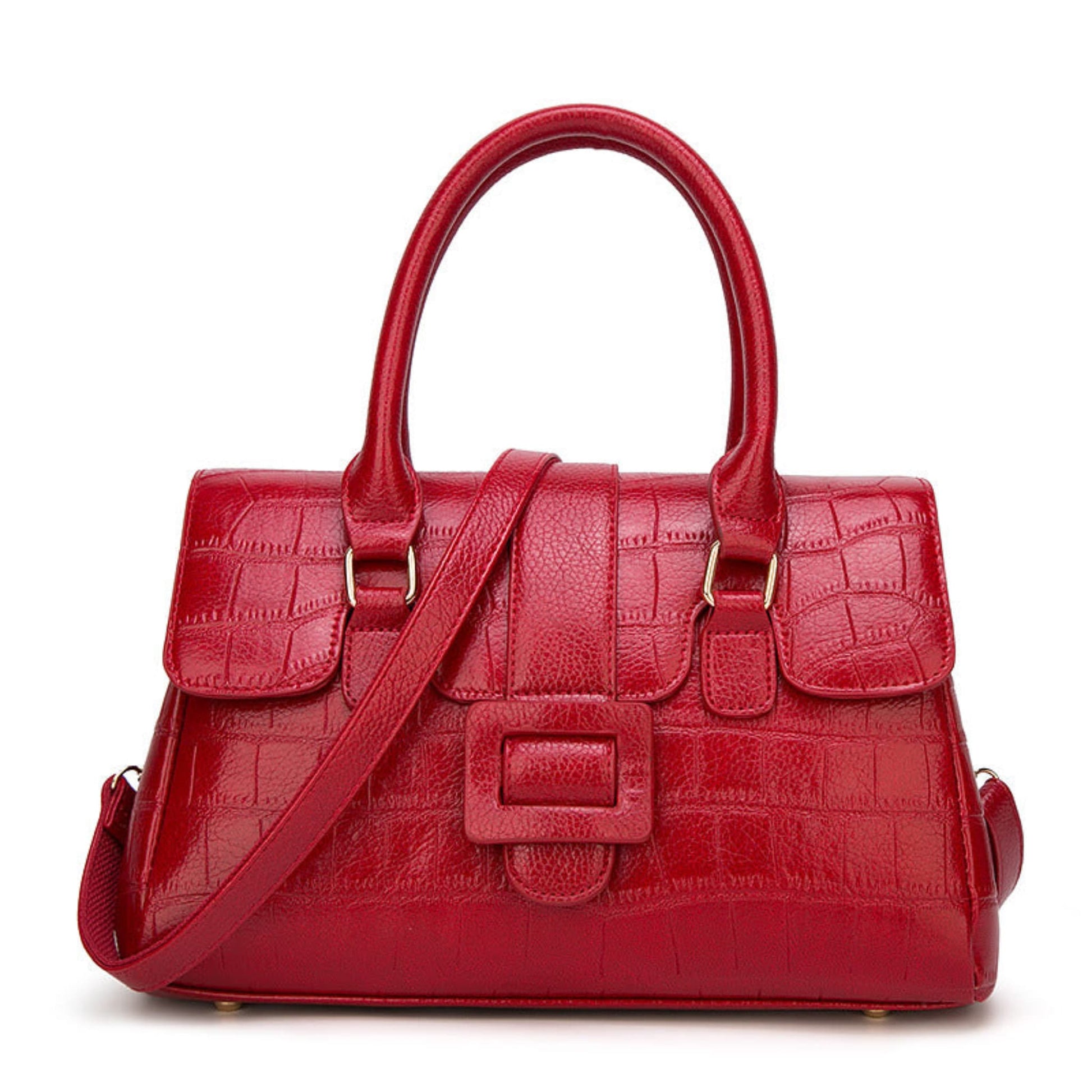 Women's Crocodile Pattern Leather Handbag in Red with Top Handles and Crossbody Strap – Front View | Avenue