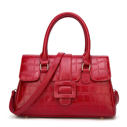 Women's Crocodile Pattern Leather Handbag in Red with Top Handles and Crossbody Strap – Front View | Avenue
