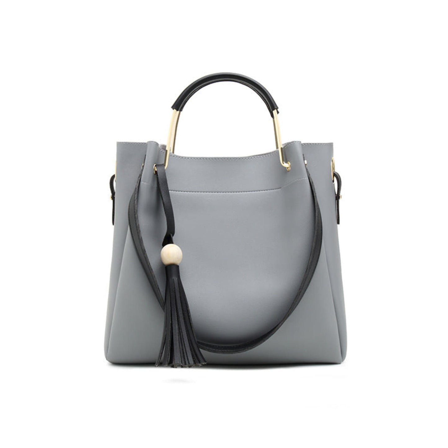 Avenue Tassel Bucket Bag for Women in Grey – PU Leather Shoulder Bag with Gold Hardware and Tassel Detail