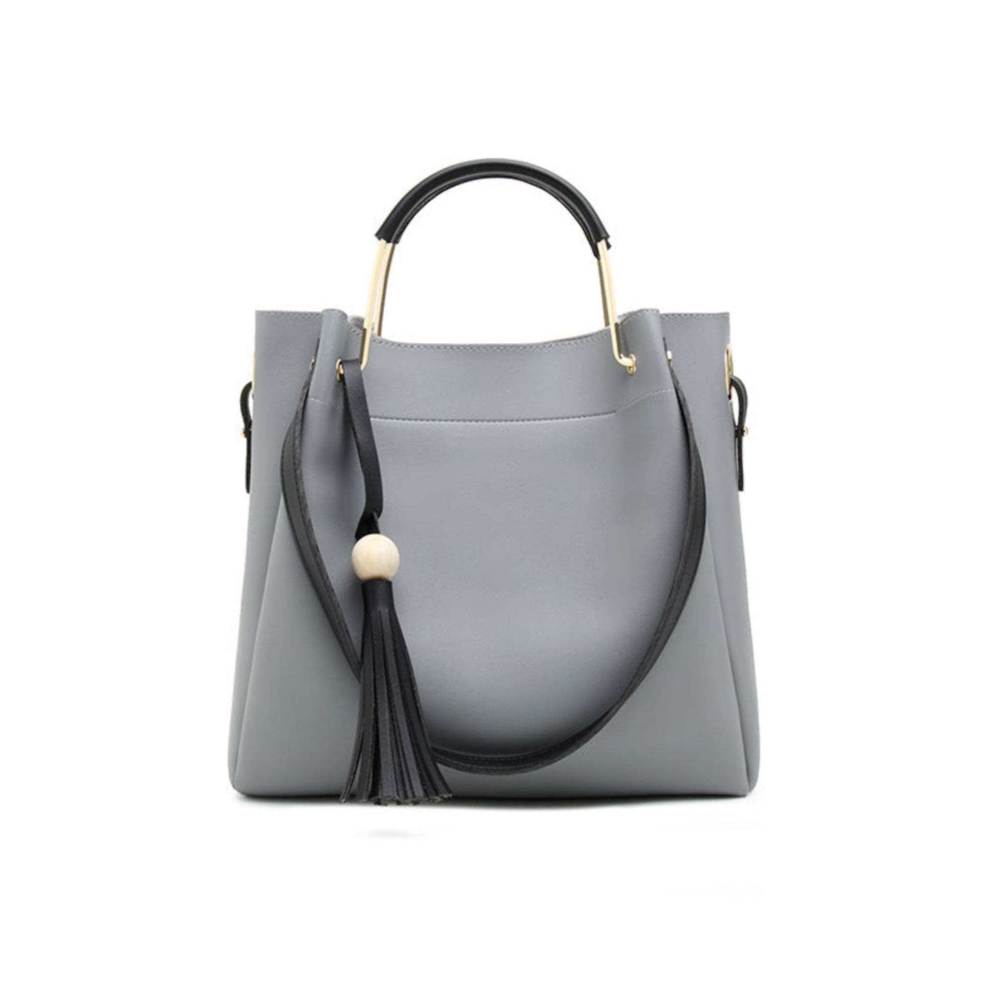 Avenue Tassel Bucket Bag for Women in Grey – PU Leather Shoulder Bag with Gold Hardware and Tassel Detail
