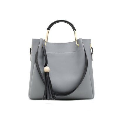 Avenue Tassel Bucket Bag for Women in Grey – PU Leather Shoulder Bag with Gold Hardware and Tassel Detail