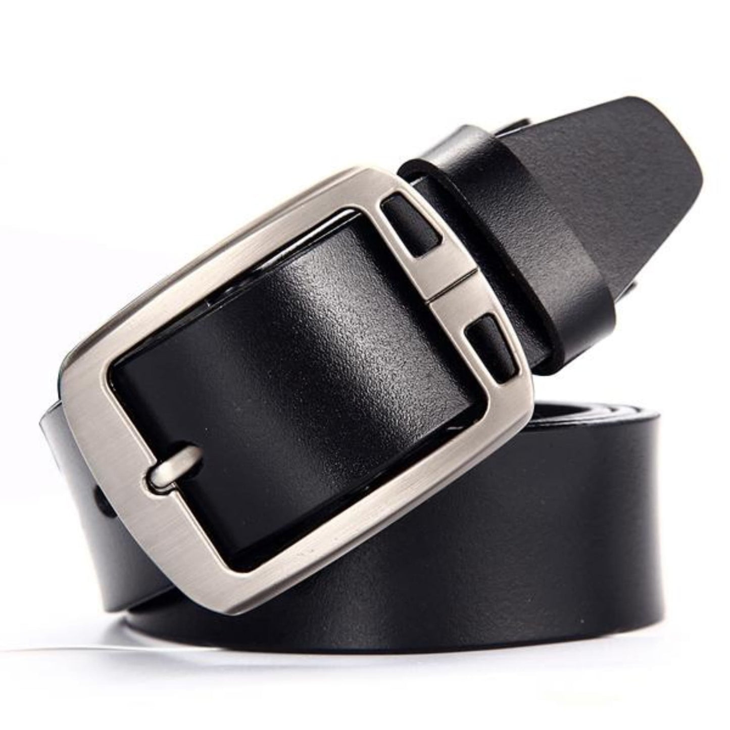 Men's leather belt with silver two-hole pin buckle in black on white background | Avenue
