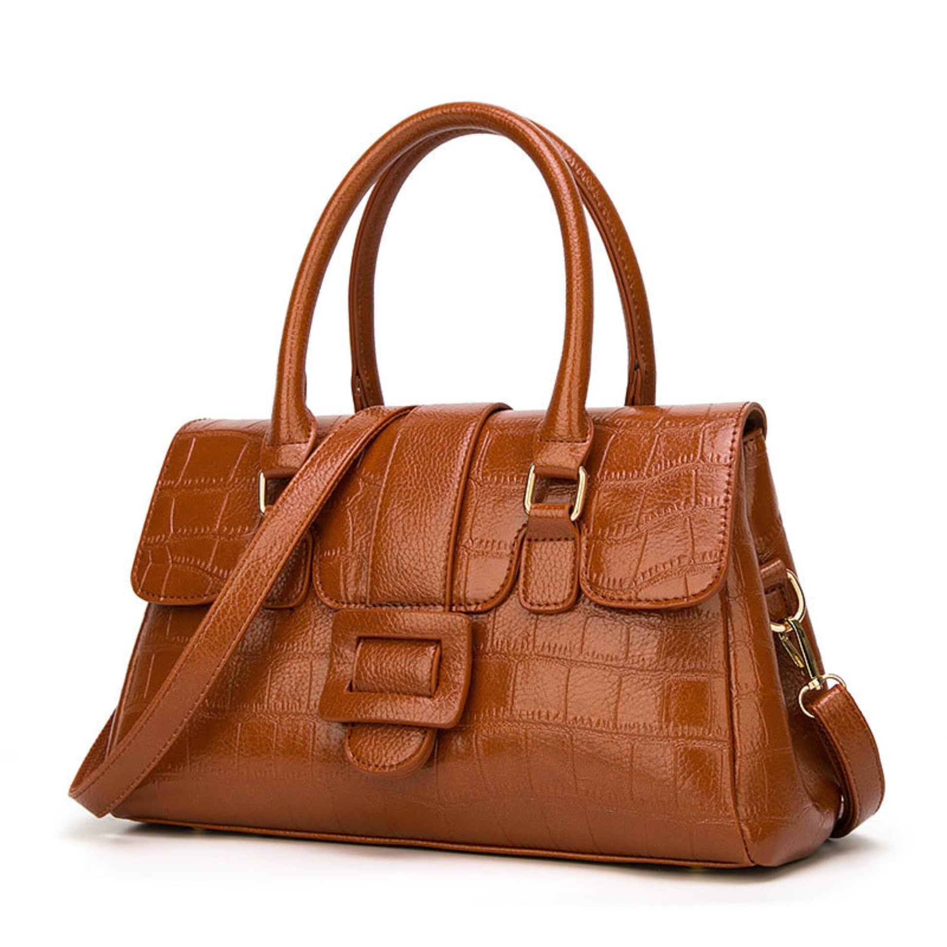 Women's Crocodile Pattern Leather Handbag in Brown – 3/4 View Showing Detachable Crossbody Strap and Gold Hook | Avenue
