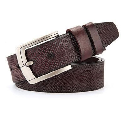 Men's leather belt with silver slim pin buckle with center line in coffee on white background | Avenue