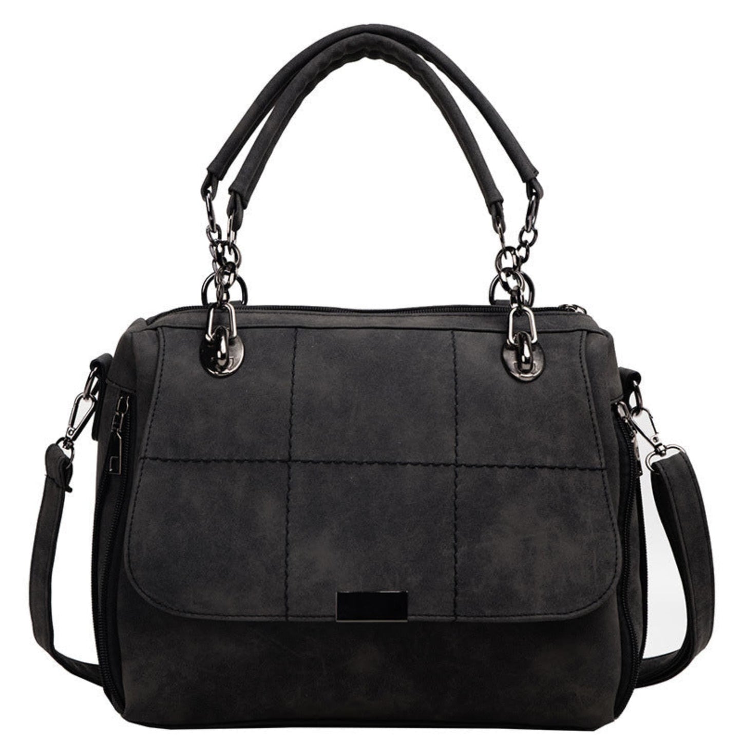 Women's black matte PU leather large capacity Boston shoulder tote bag with dual top handles, silver chain hardware, quilted stitch detail, front flap closure, and adjustable crossbody strap — Avenue