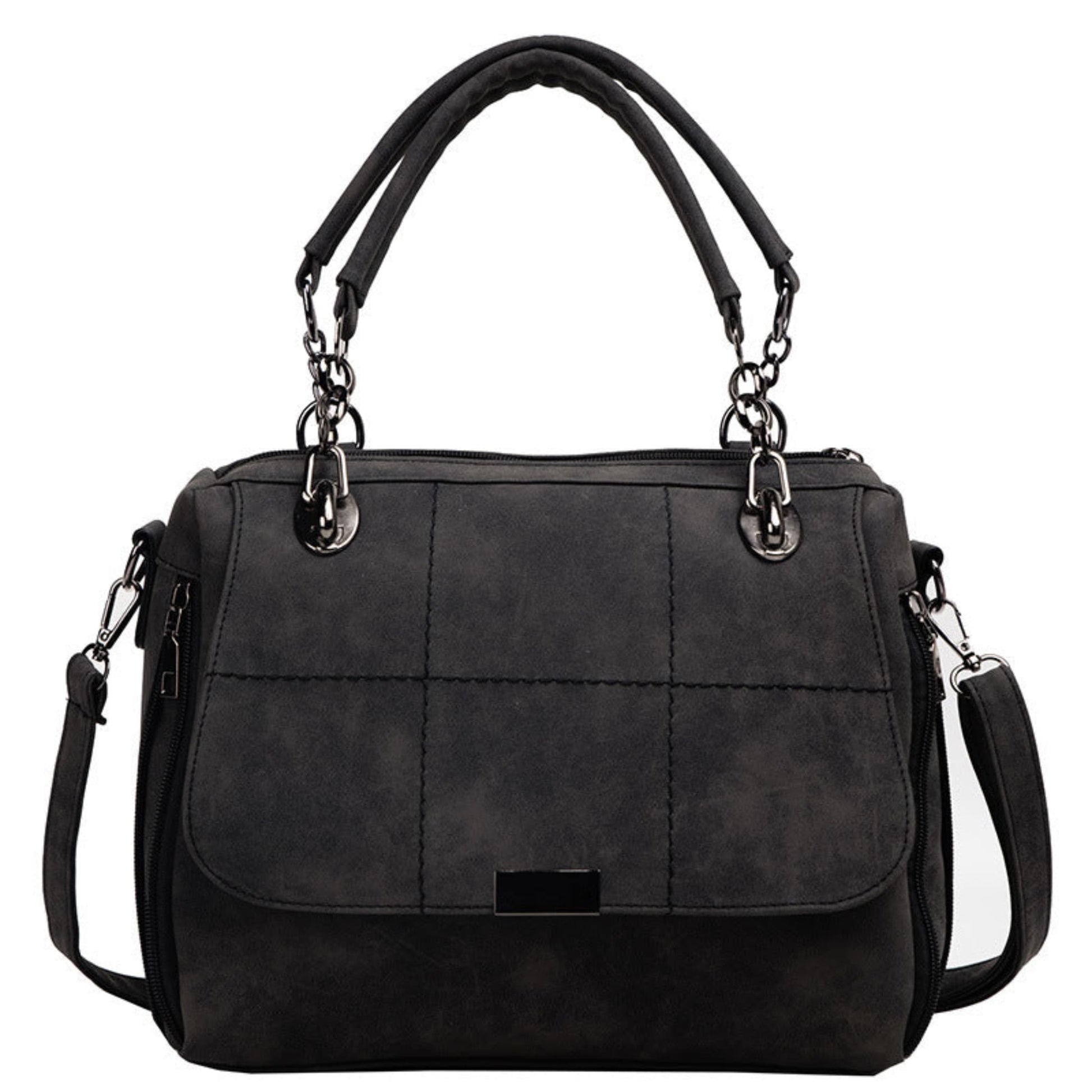 Women's black matte PU leather large capacity Boston shoulder tote bag with dual top handles, silver chain hardware, quilted stitch detail, front flap closure, and adjustable crossbody strap — Avenue