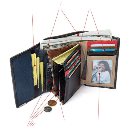 Women's patchwork large capacity cowhide long leather wallet — interior view showing card slots, photo holder and money compartment, horizontal | Avenue