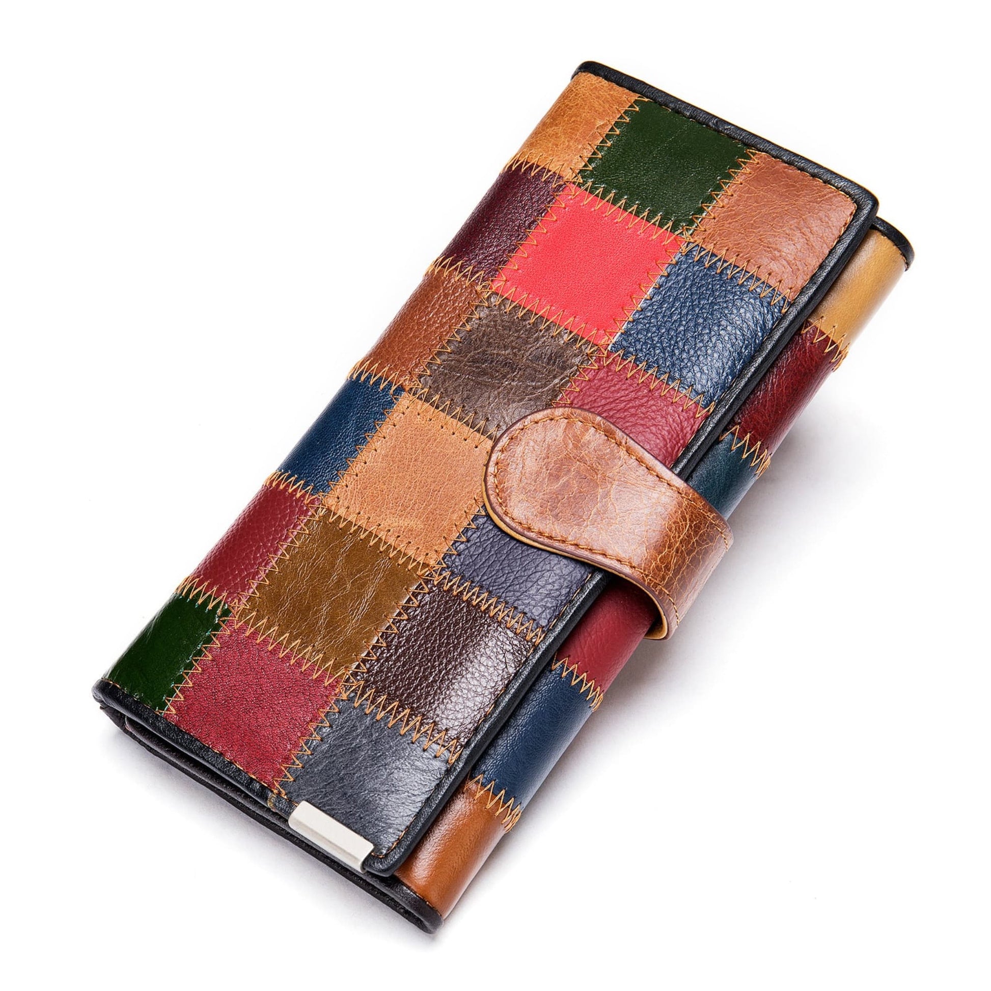 Women's patchwork large capacity cowhide long leather wallet style A in geometric colour contrast with beige hook fastening — front view | Avenue