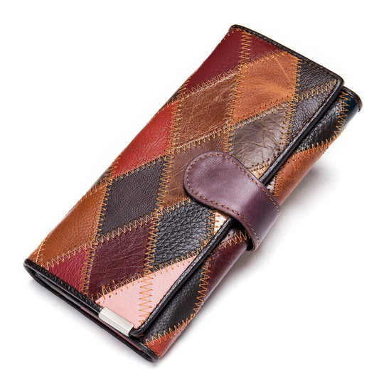 Women's patchwork large capacity cowhide long leather wallet style B in geometric colour contrast with brown hook fastening — front view | Avenue