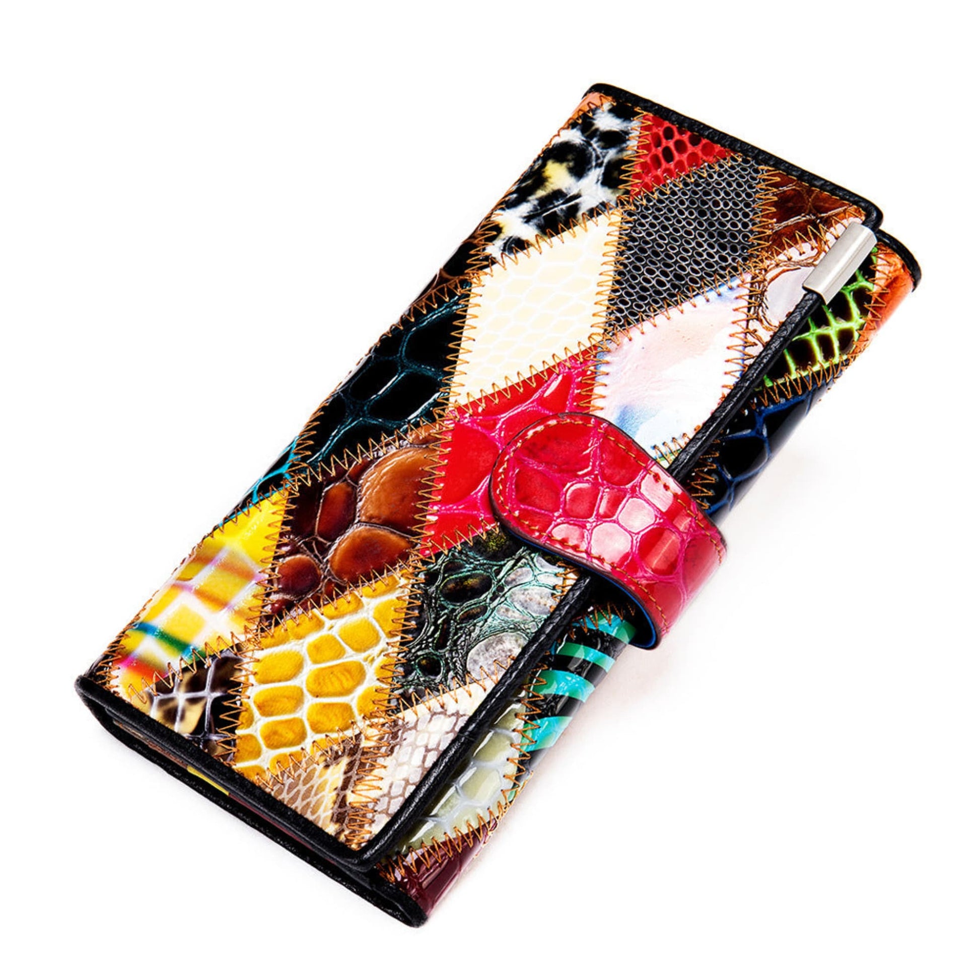 Women's patchwork large capacity cowhide long leather wallet style D in geometric colour contrast with red hook fastening — front view | Avenue