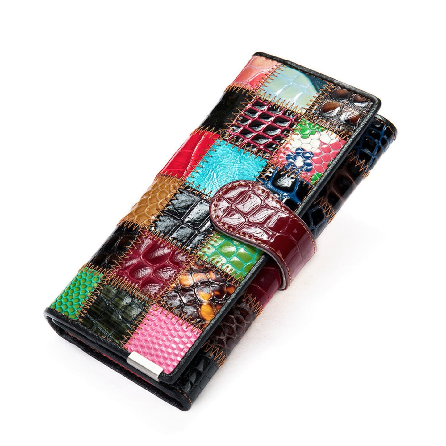 Women's patchwork large capacity cowhide long leather wallet style C in geometric colour contrast with dark brown hook fastening — front view | Avenue