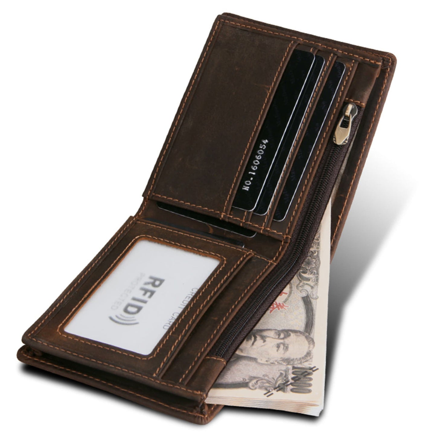 Men's RFID Blocking Crazy-Horse Leather Wallet in Brown – Open View Showing Card Slots, Zip Coin Pocket and ID Window | Avenue