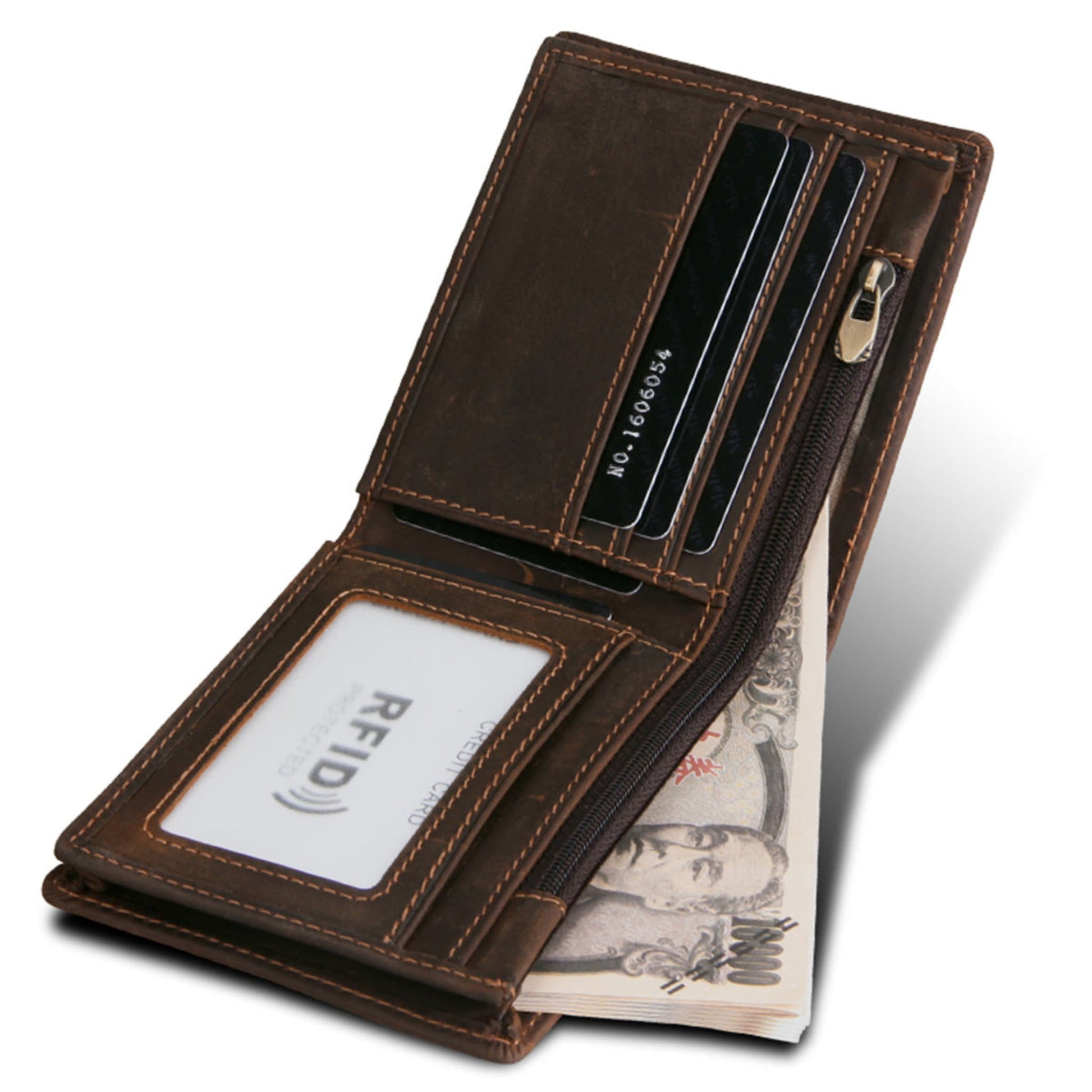 Men's RFID Blocking Crazy-Horse Leather Wallet in Brown – Open View Showing Card Slots, Zip Coin Pocket and ID Window | Avenue